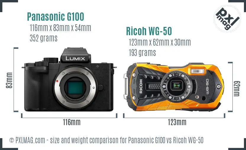Panasonic G100 vs Ricoh WG-50 size comparison Panasonic G100 vs Ricoh WG-50 size comparison