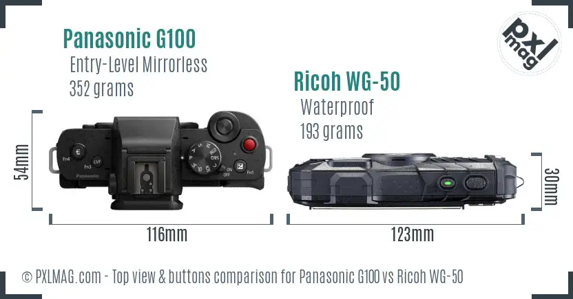 Panasonic G100 vs Ricoh WG-50 top view buttons comparison Panasonic G100 vs Ricoh WG-50 top view buttons comparison