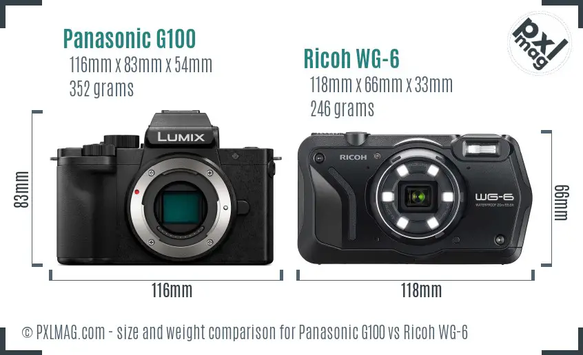 Panasonic G100 vs Ricoh WG-6 size comparison