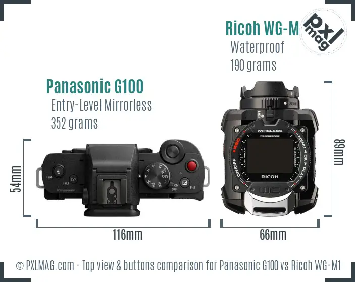 Panasonic G100 vs Ricoh WG-M1 top view buttons comparison Panasonic G100 vs Ricoh WG-M1 top view buttons comparison