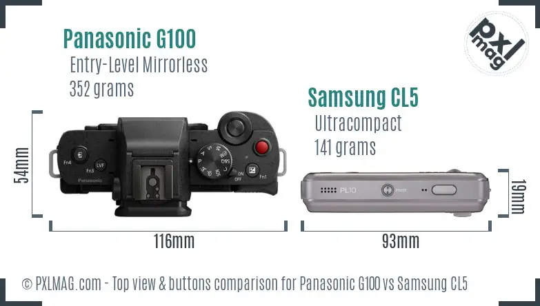 Panasonic G100 vs Samsung CL5 top view buttons comparison Panasonic G100 vs Samsung CL5 top view buttons comparison