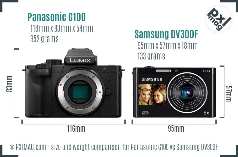 Panasonic G100 vs Samsung DV300F size comparison