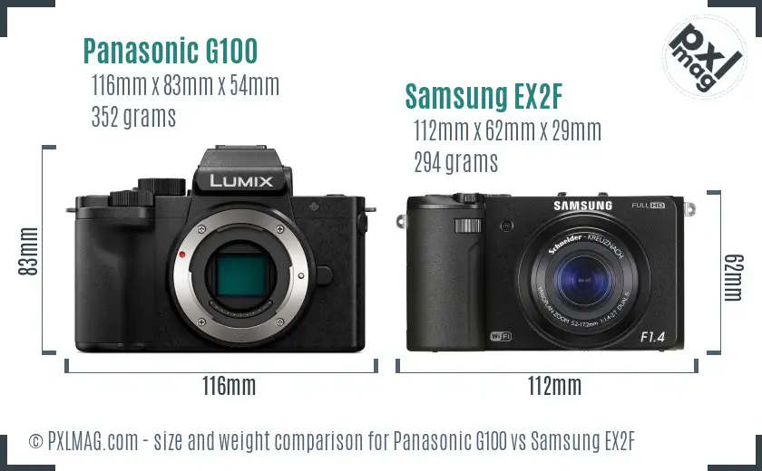 Panasonic G100 vs Samsung EX2F size comparison