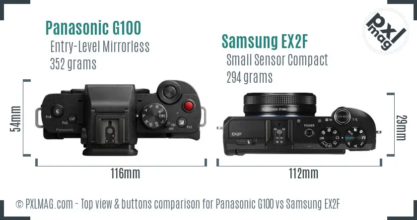 Panasonic G100 vs Samsung EX2F top view buttons comparison