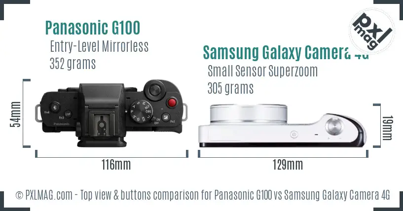 Panasonic G100 vs Samsung Galaxy Camera 4G top view buttons comparison Panasonic G100 vs Samsung Galaxy Camera 4G top view buttons comparison