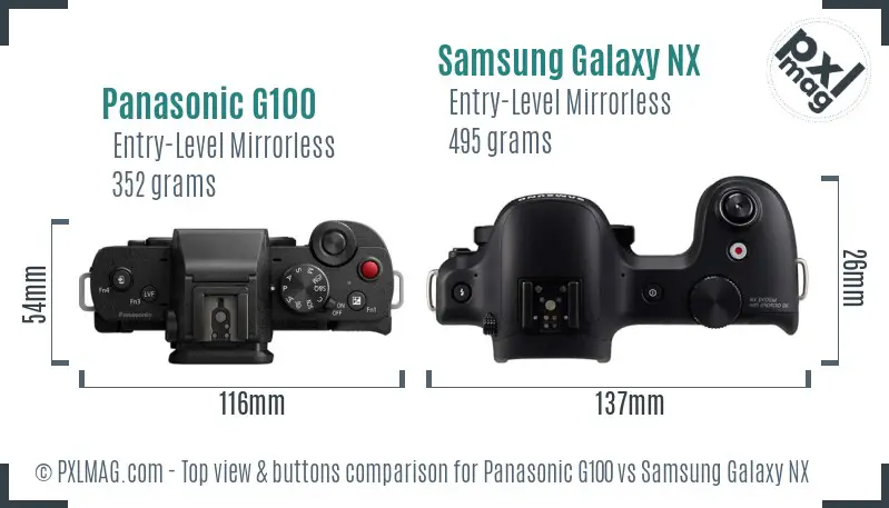 Panasonic G100 vs Samsung Galaxy NX top view buttons comparison