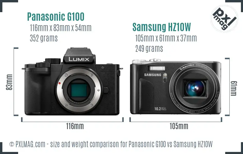Panasonic G100 vs Samsung HZ10W size comparison