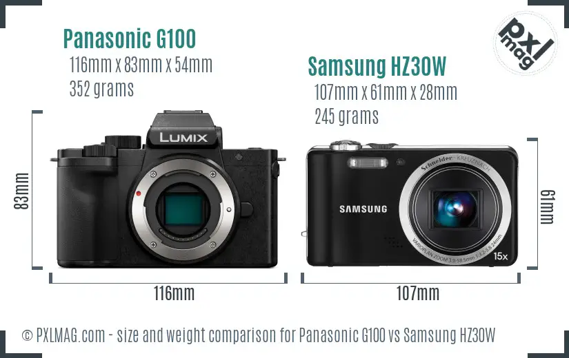 Panasonic G100 vs Samsung HZ30W size comparison