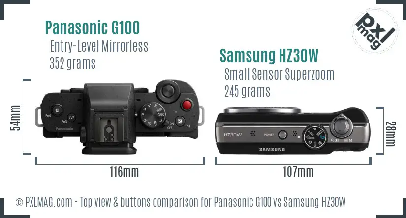 Panasonic G100 vs Samsung HZ30W top view buttons comparison