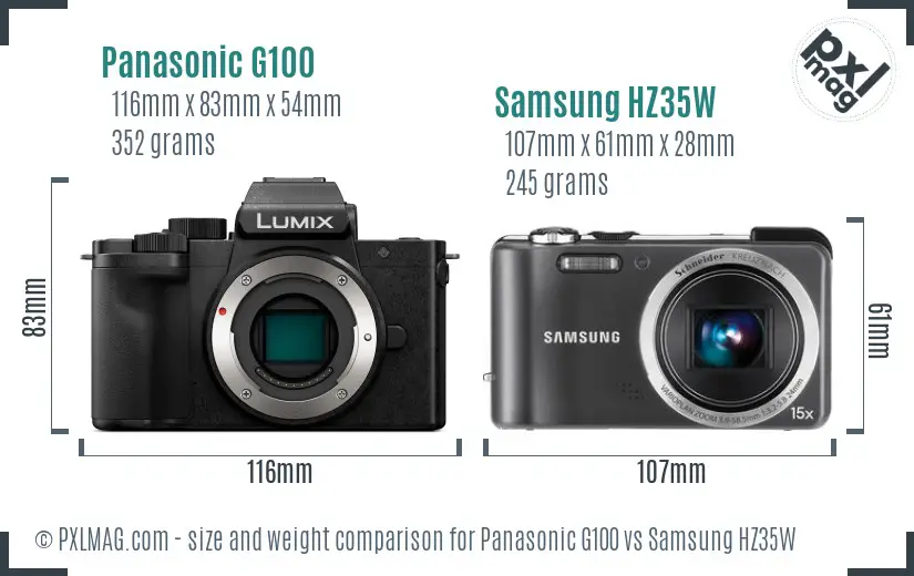 Panasonic G100 vs Samsung HZ35W size comparison