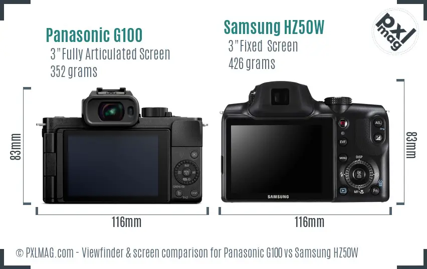 Panasonic G100 vs Samsung HZ50W Screen and Viewfinder comparison