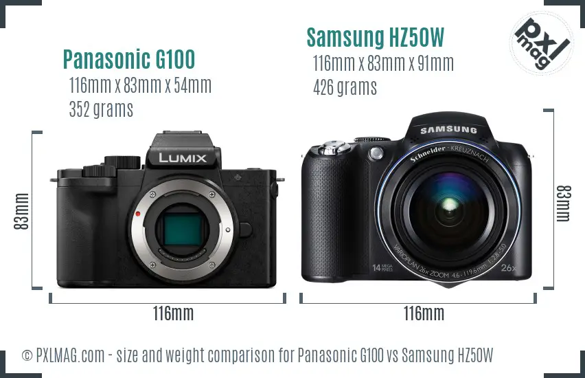 Panasonic G100 vs Samsung HZ50W size comparison