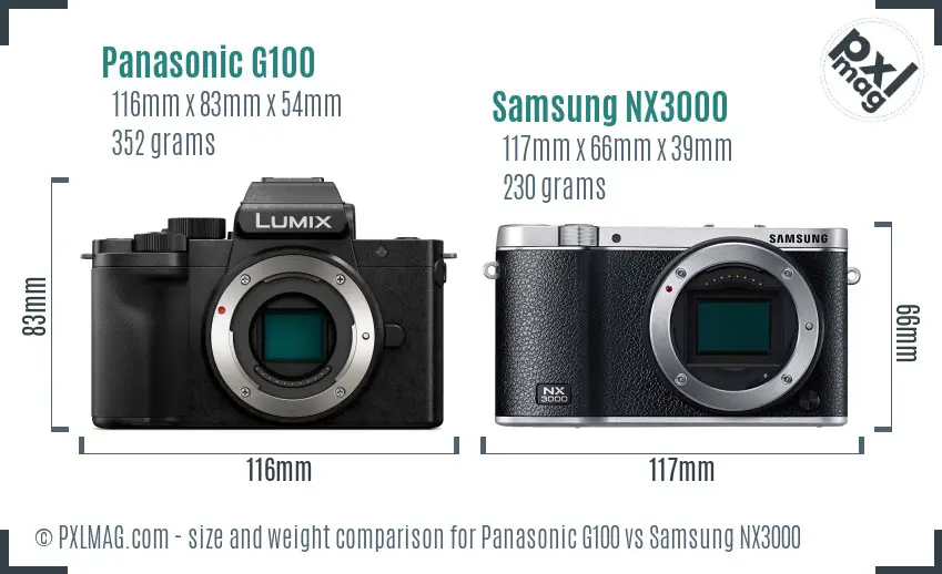 Panasonic G100 vs Samsung NX3000 size comparison
