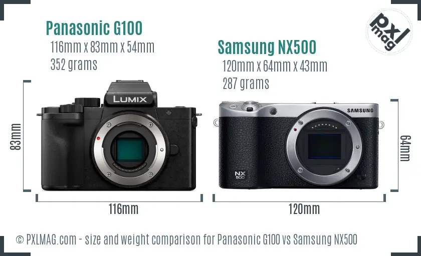 Panasonic G100 vs Samsung NX500 size comparison