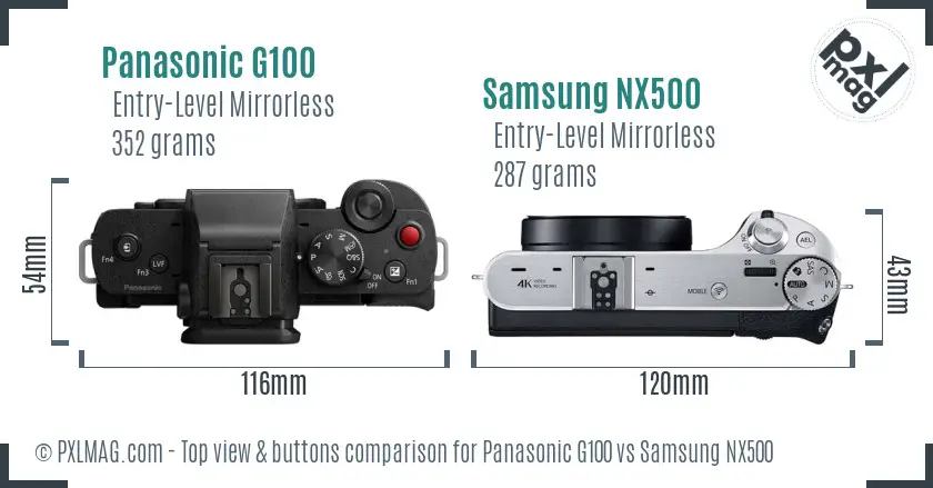 Panasonic G100 vs Samsung NX500 top view buttons comparison