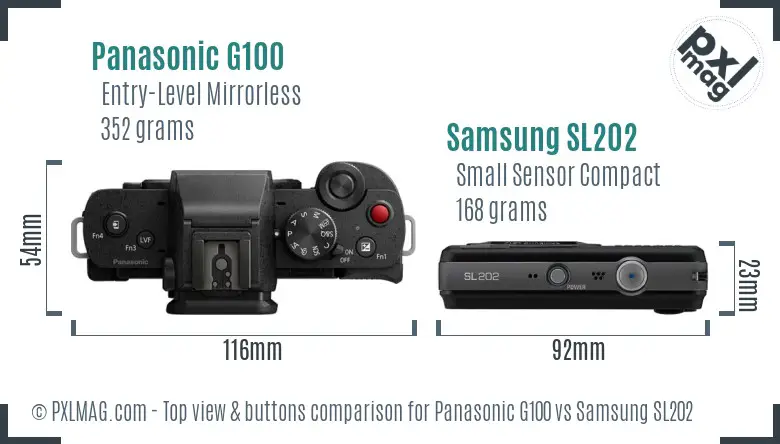 Panasonic G100 vs Samsung SL202 top view buttons comparison