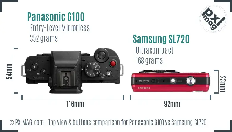 Panasonic G100 vs Samsung SL720 top view buttons comparison Panasonic G100 vs Samsung SL720 top view buttons comparison