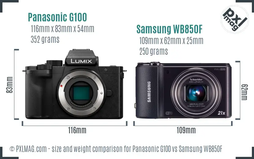 Panasonic G100 vs Samsung WB850F size comparison