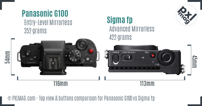 Panasonic G100 vs Sigma fp top view buttons comparison