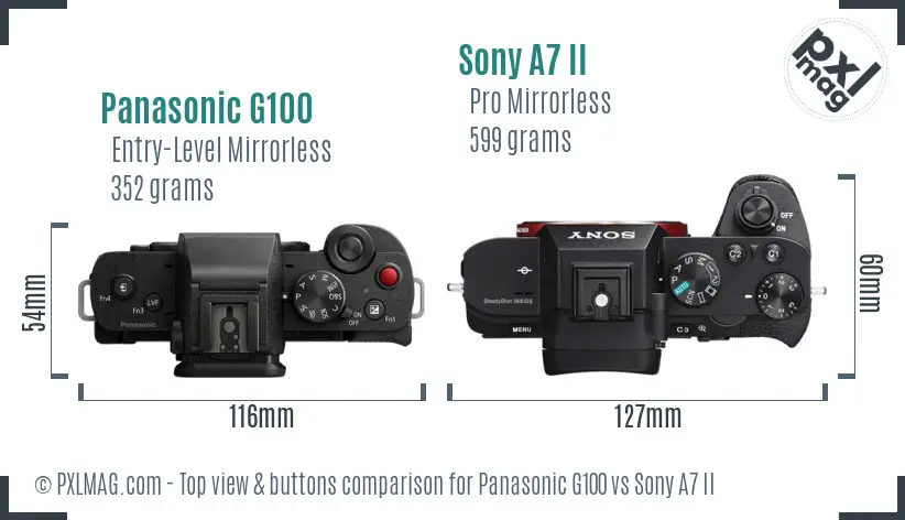 Panasonic G100 vs Sony A7 II top view buttons comparison Panasonic G100 vs Sony A7 II top view buttons comparison