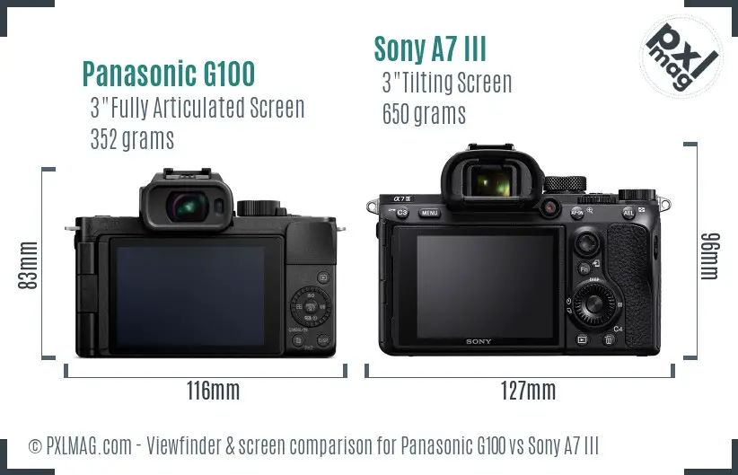 Panasonic G100 vs Sony A7 III Screen and Viewfinder comparison