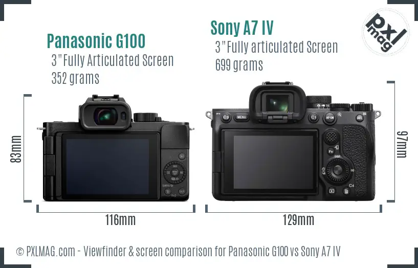 Panasonic G100 vs Sony A7 IV Screen and Viewfinder comparison