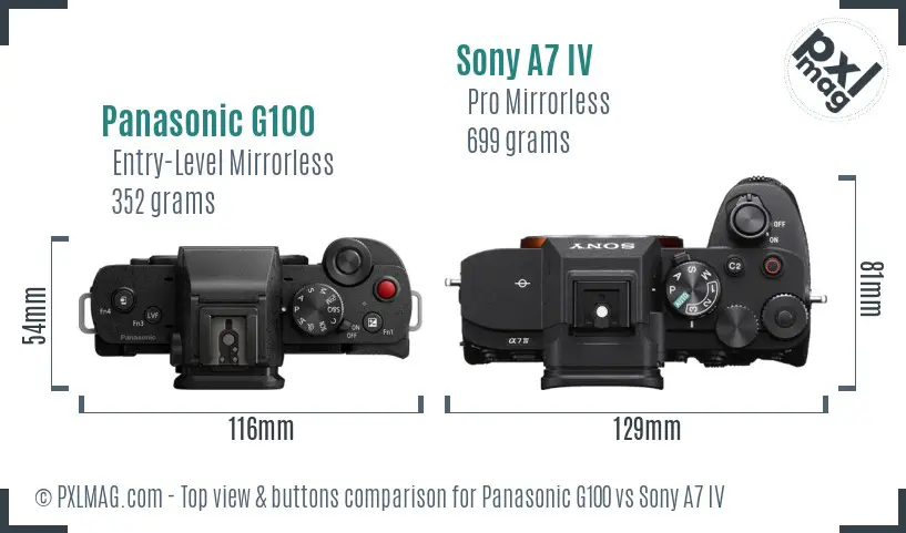 Panasonic G100 vs Sony A7 IV top view buttons comparison