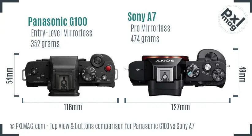 Panasonic G100 vs Sony A7 top view buttons comparison