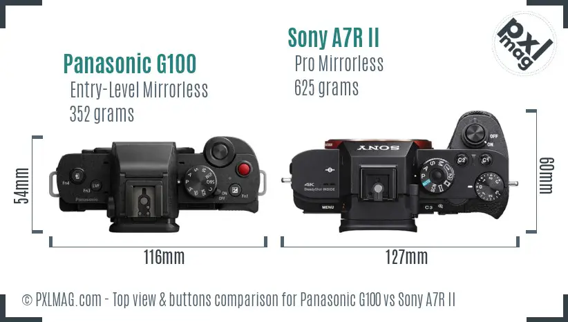 Panasonic G100 vs Sony A7R II top view buttons comparison