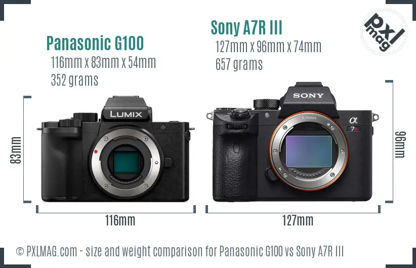 Panasonic G100 vs Sony A7R III size comparison