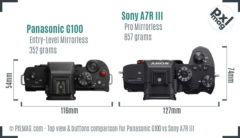 Panasonic G100 vs Sony A7R III top view buttons comparison