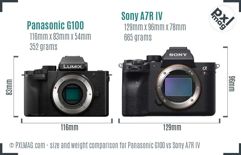 Panasonic G100 vs Sony A7R IV size comparison