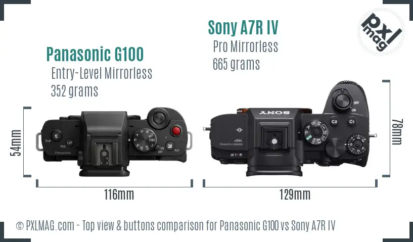 Panasonic G100 vs Sony A7R IV top view buttons comparison