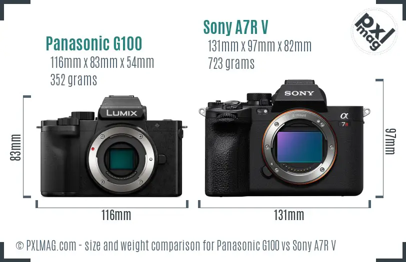 Panasonic G100 vs Sony A7R V size comparison