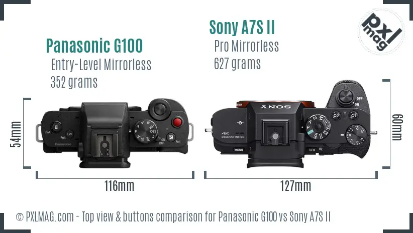 Panasonic G100 vs Sony A7S II top view buttons comparison