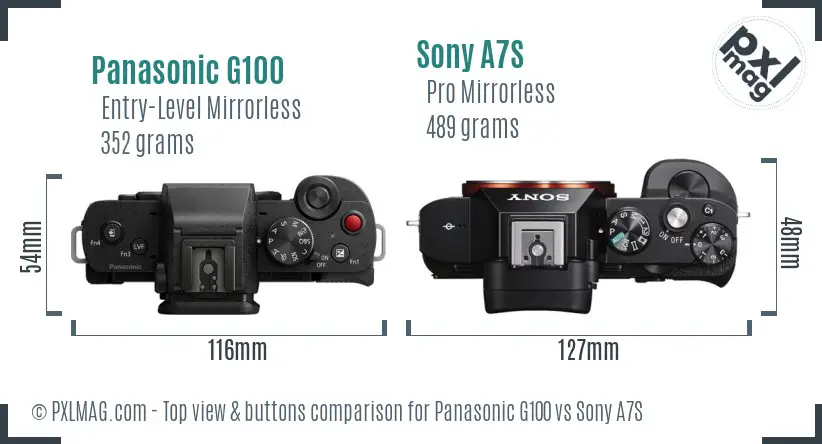 Panasonic G100 vs Sony A7S top view buttons comparison