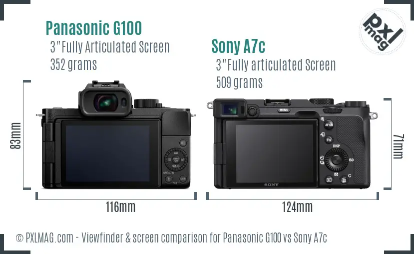 Panasonic G100 vs Sony A7c Screen and Viewfinder comparison