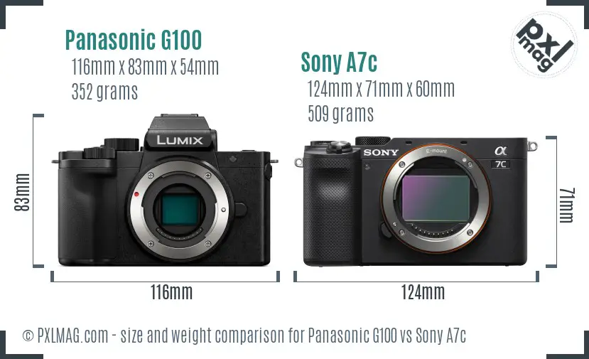 Panasonic G100 vs Sony A7c size comparison
