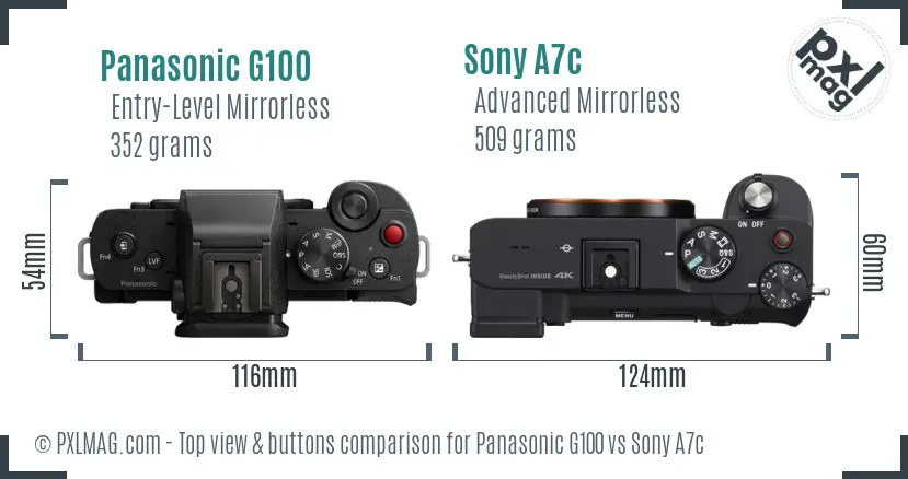 Panasonic G100 vs Sony A7c top view buttons comparison