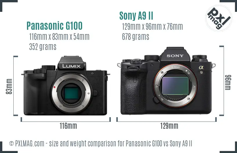 Panasonic G100 vs Sony A9 II size comparison
