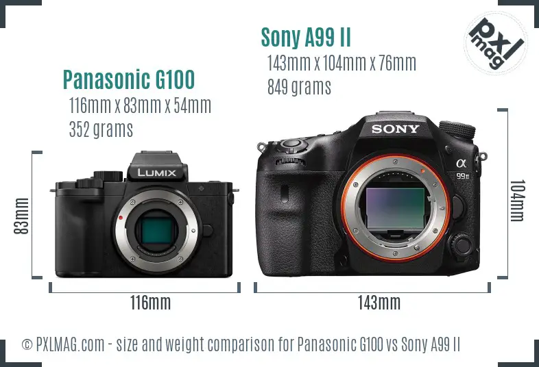 Panasonic G100 vs Sony A99 II size comparison