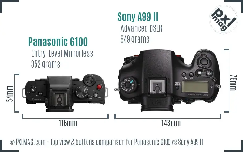 Panasonic G100 vs Sony A99 II top view buttons comparison