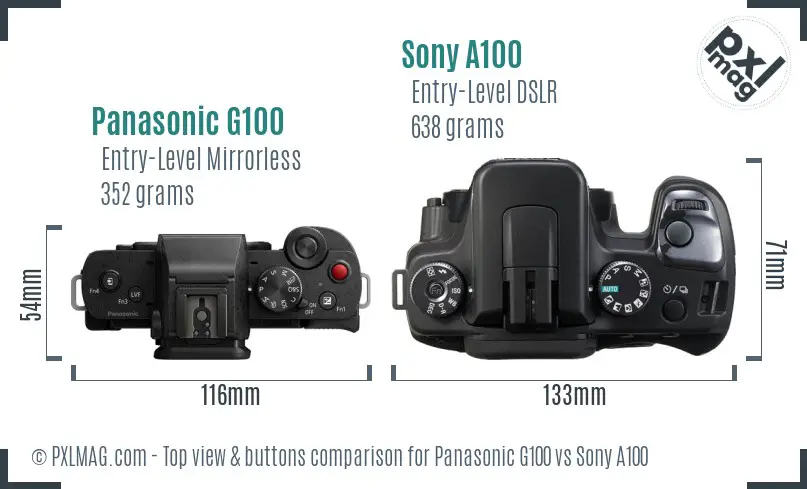 Panasonic G100 vs Sony A100 top view buttons comparison