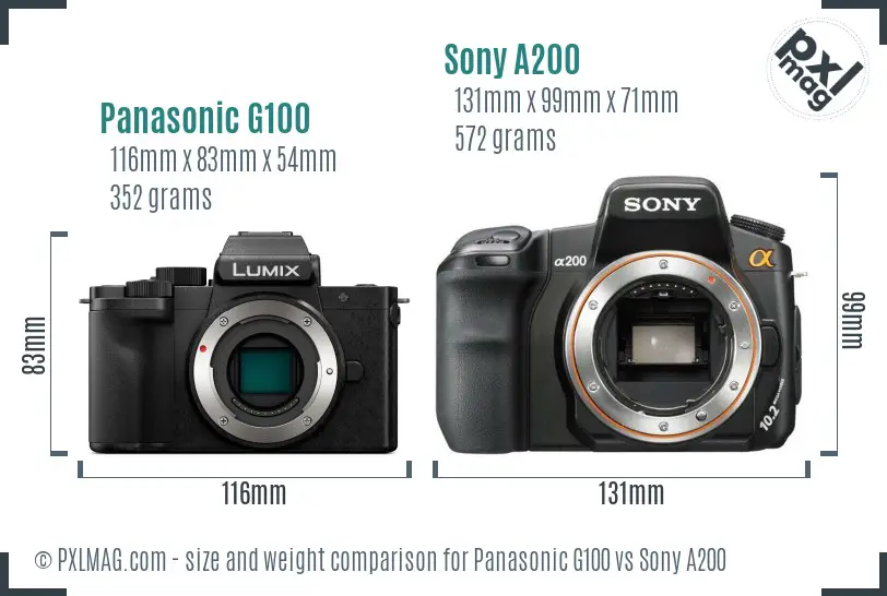 Panasonic G100 vs Sony A200 size comparison