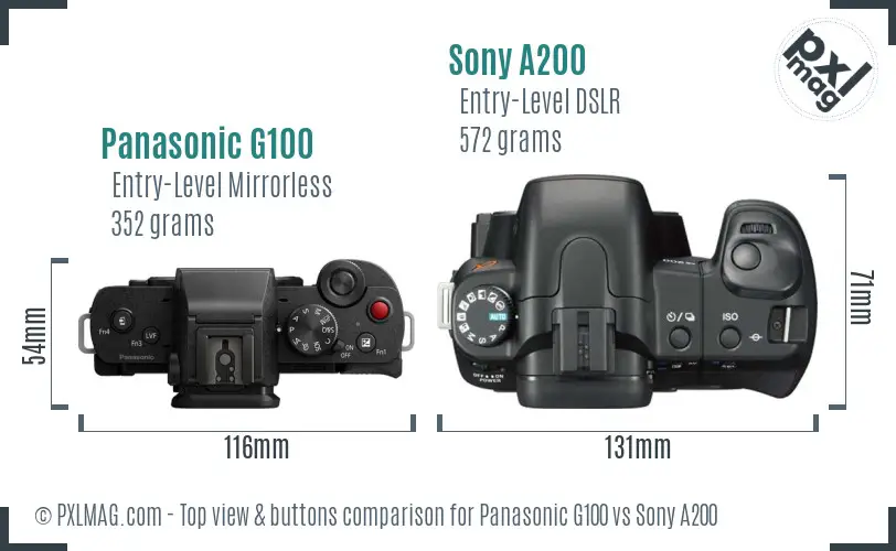 Panasonic G100 vs Sony A200 top view buttons comparison