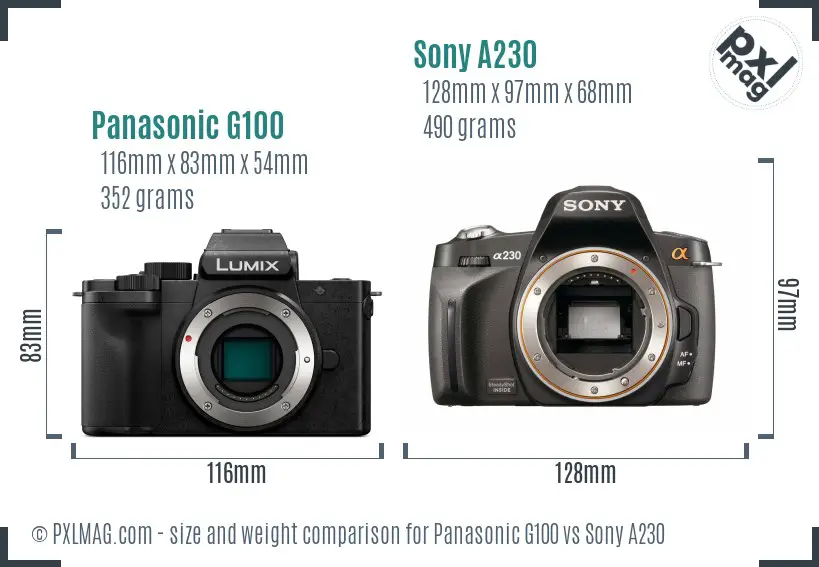 Panasonic G100 vs Sony A230 size comparison