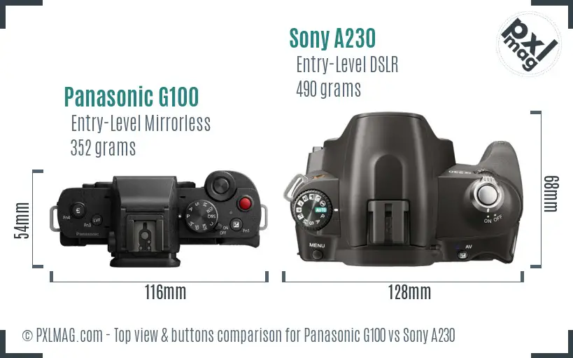 Panasonic G100 vs Sony A230 top view buttons comparison