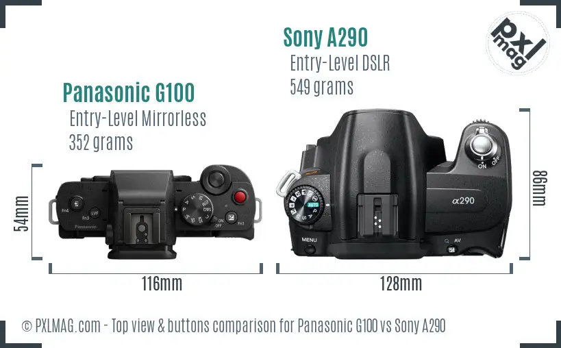 Panasonic G100 vs Sony A290 top view buttons comparison