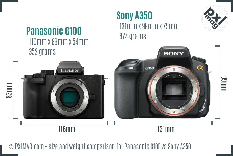 Panasonic G100 vs Sony A350 size comparison