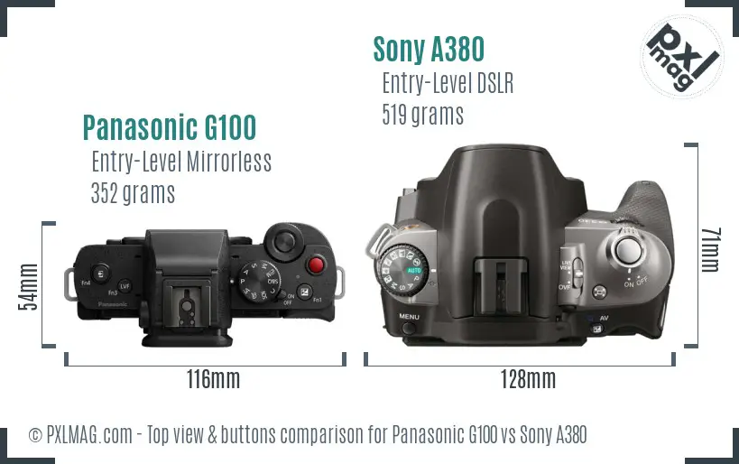 Panasonic G100 vs Sony A380 top view buttons comparison
